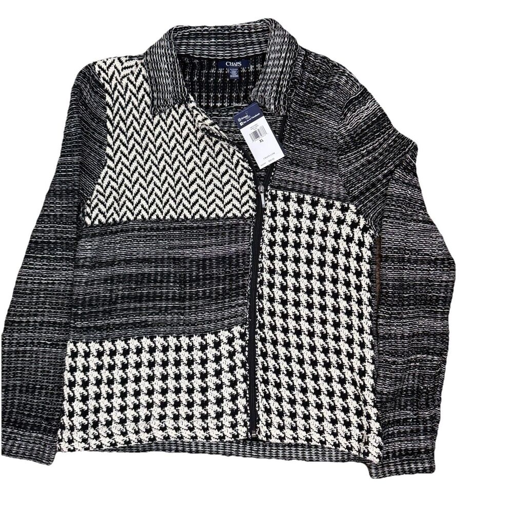 NWT Chaps Main Cabin Zip Neutral Houndstooth Sweater Cardigan Size XL Cotton